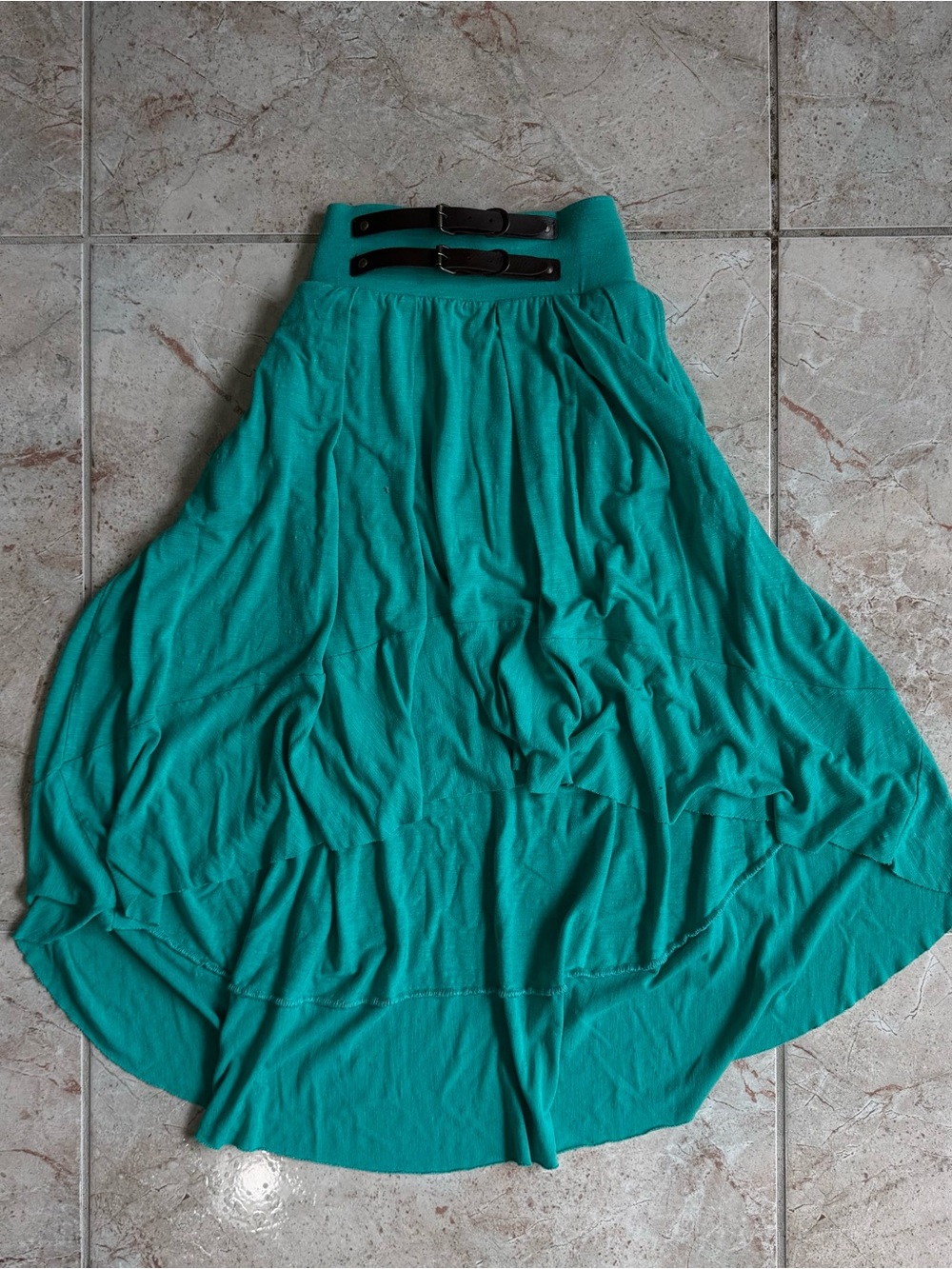 Teal Midi Skirt with Brown Leather Belt Detail